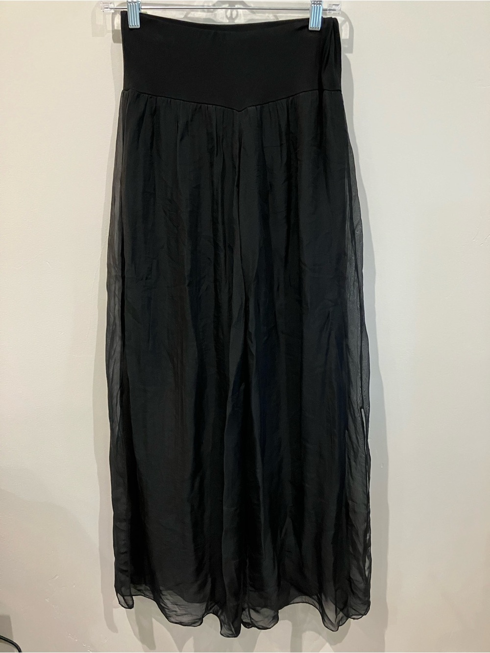 Women's Black Wide-Leg Maxi Pants with Sheer Overlay and Stretchy Waistband